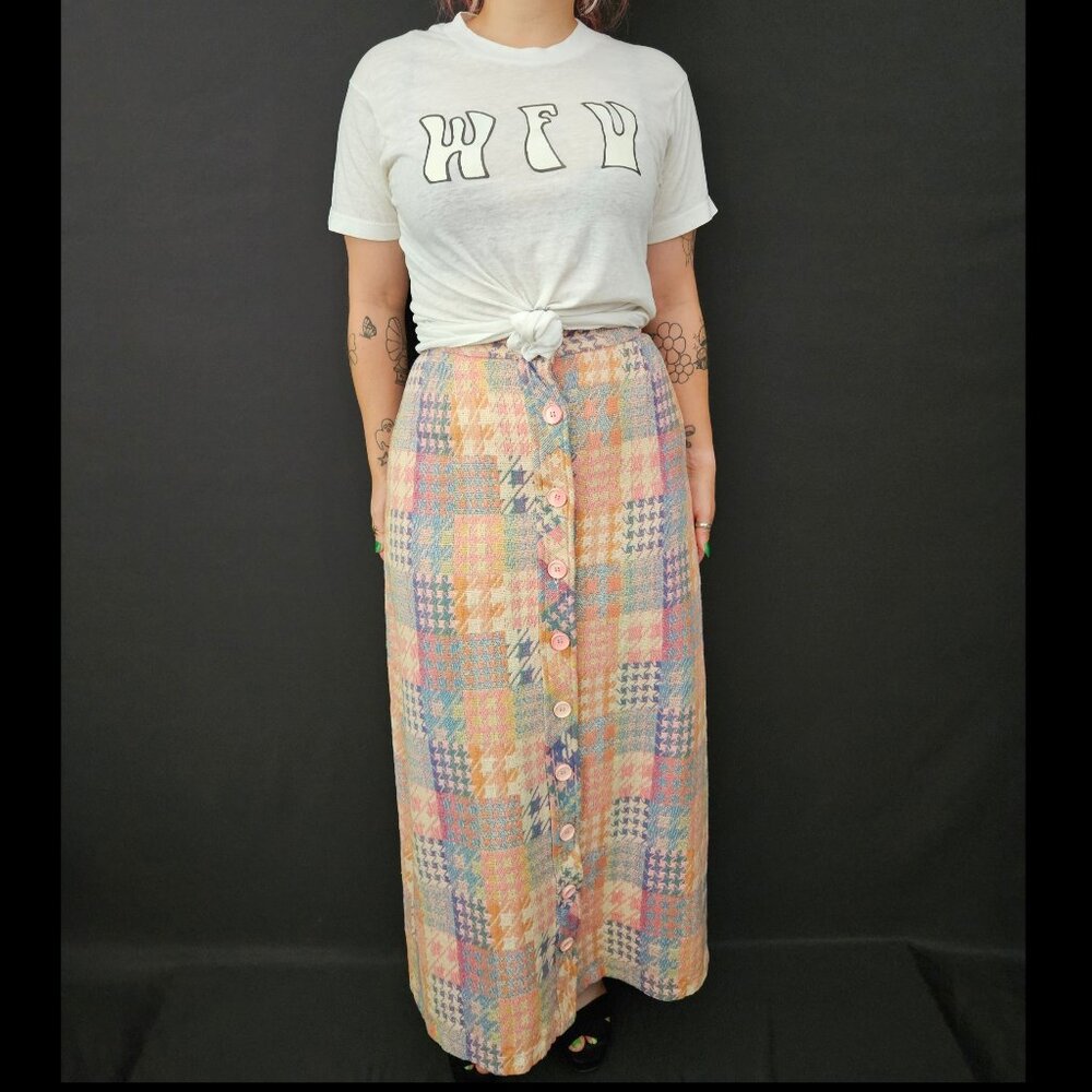 70s Adelaar Houndstooth Patchwork Tapestry Maxi Skirt